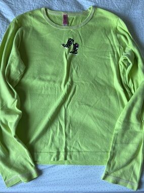 HUE Neon Lime Crewneck Sweater with Polka Dot Boot Motif